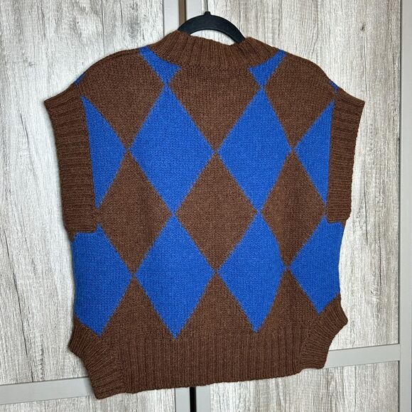 La Double Ja Vest Sweater Sz M Argyle Sleeveless Brown Blue Made in Italy - Picture 8 of 9